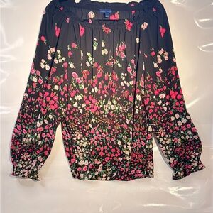 Talbots Black Floral Blouse with Pink Accents